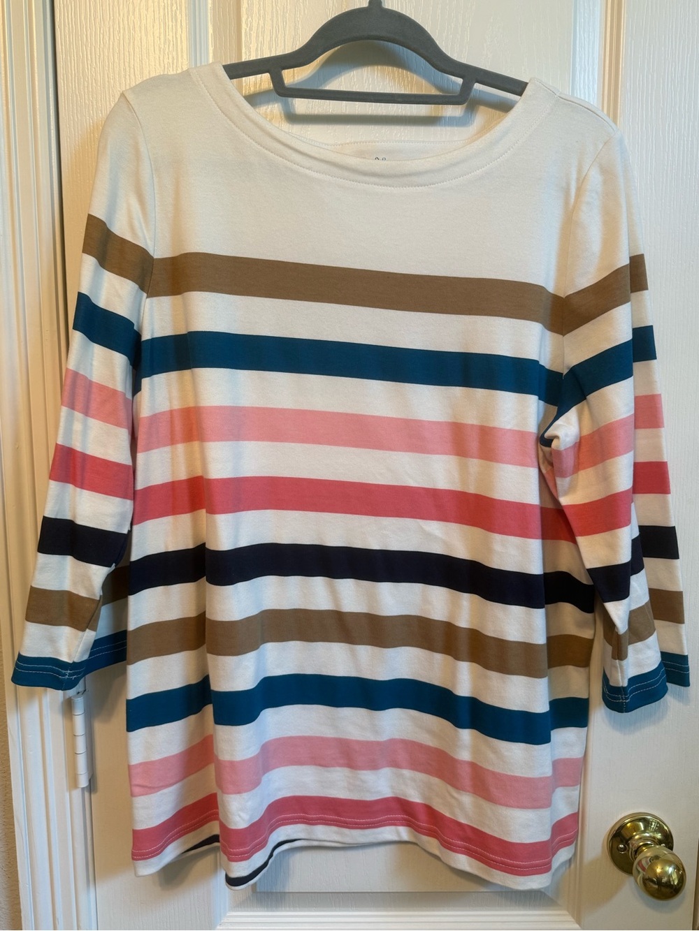 croft & barrow Cream Long-Sleeve Top with Pink, Blue & Brown Stripes